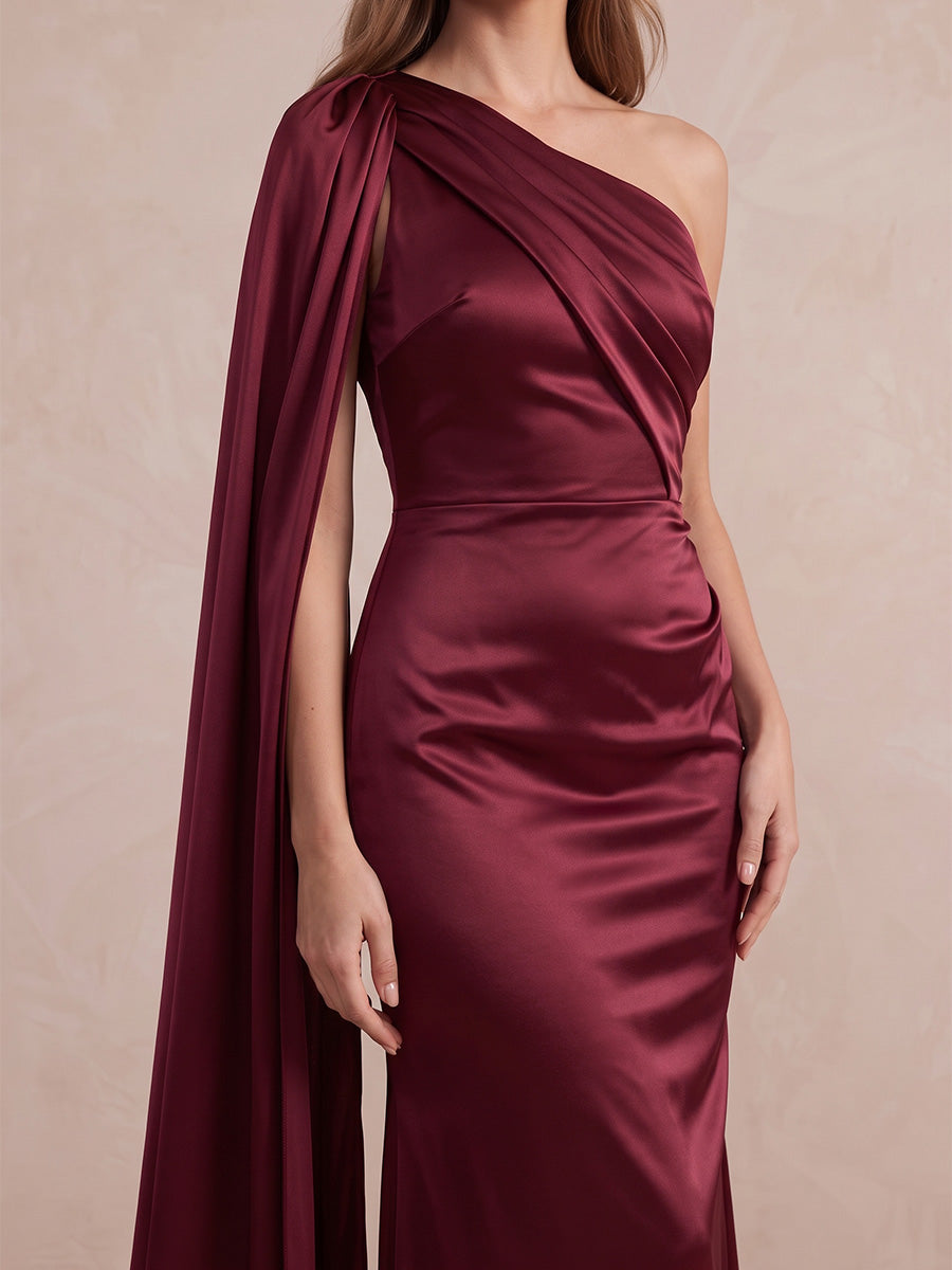 Burgundy Cape Sleeve Mermaid Long Satin Wedding Guest Dresses One Shoulder Formal Dresses