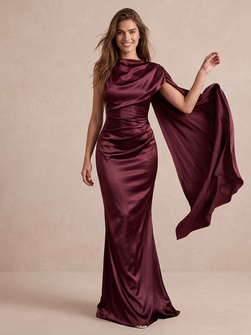 Burgundy Mermaid Maxi Satin Wedding Guest Dresses High Neck Draped Formal Dresses