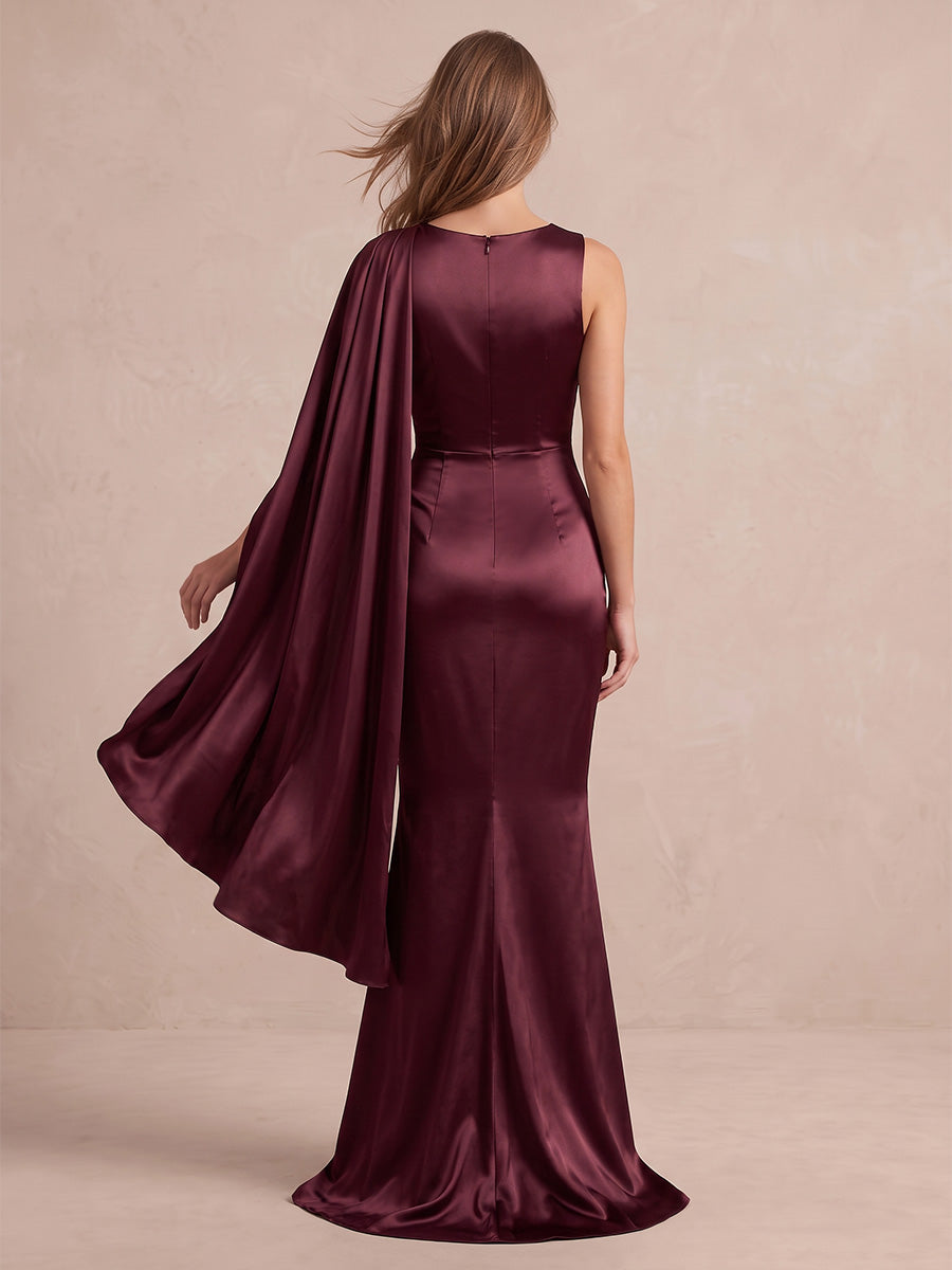 Burgundy Mermaid Maxi Satin Wedding Guest Dresses High Neck Draped Formal Dresses