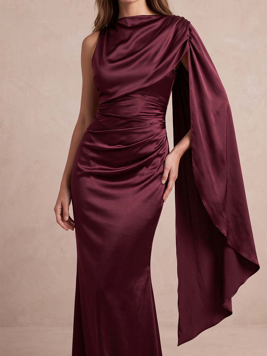 Burgundy Mermaid Maxi Satin Wedding Guest Dresses High Neck Draped Formal Dresses