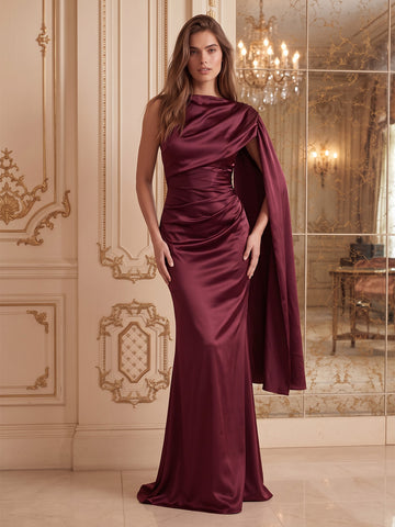 Burgundy Mermaid Maxi Satin Wedding Guest Dresses High Neck Draped Formal Dresses