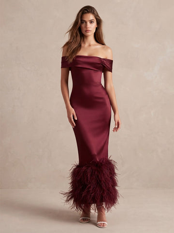 Burgundy Sheath Midi Satin Wedding Guest Dresses Off The Shoulder Evening Dresses