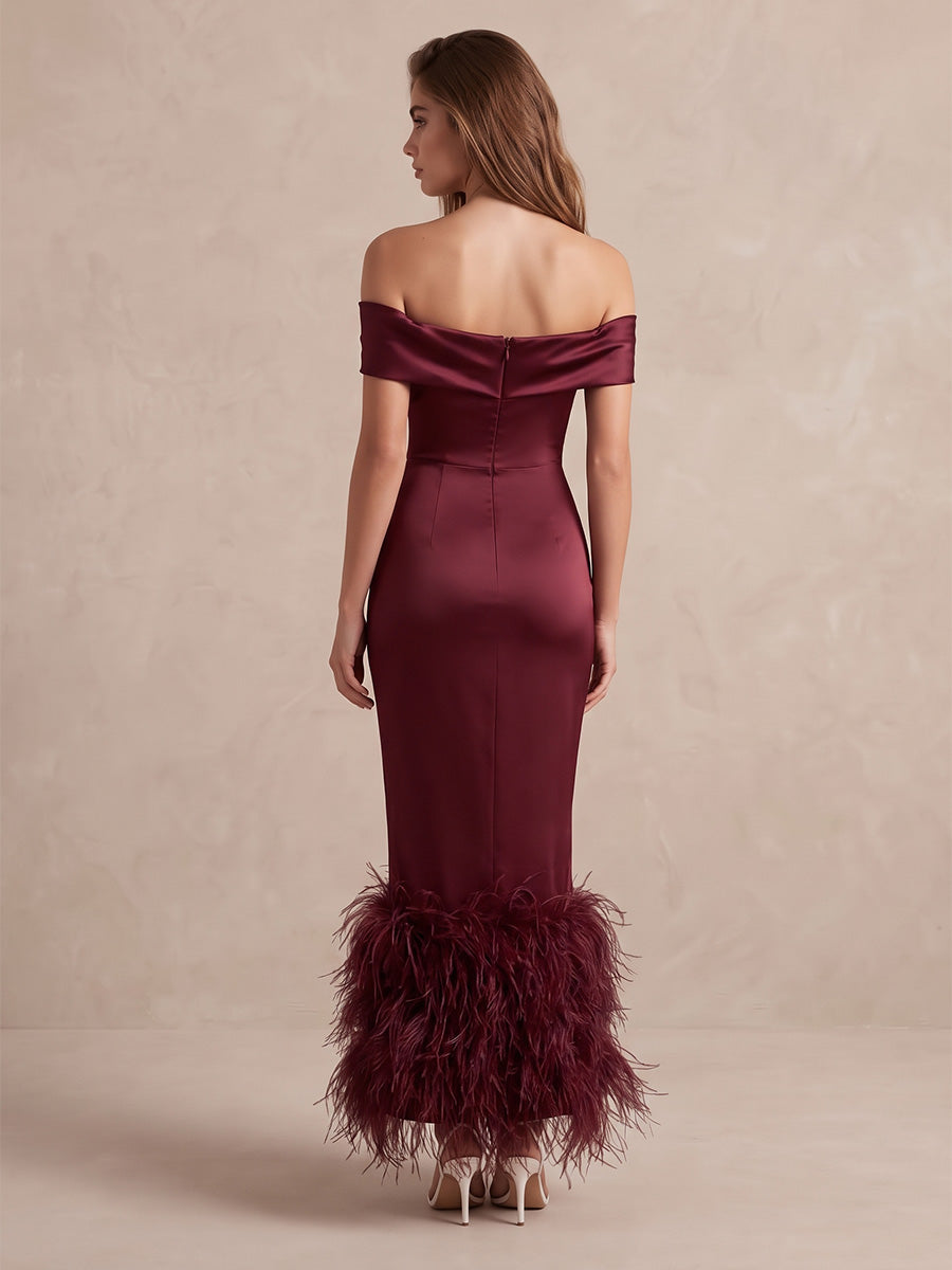 Burgundy Sheath Midi Satin Wedding Guest Dresses Off The Shoulder Evening Dresses