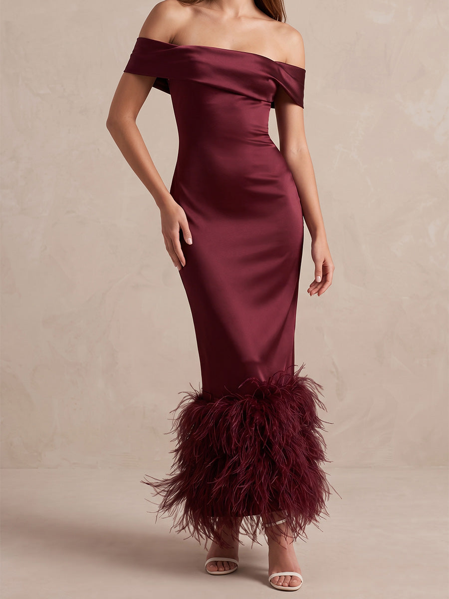 Burgundy Sheath Midi Satin Wedding Guest Dresses Off The Shoulder Evening Dresses