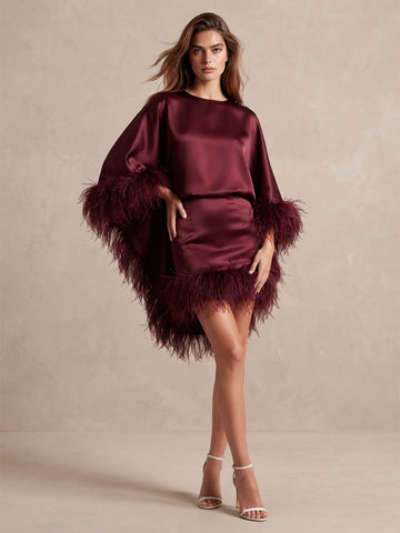 Burgundy Cape Sheath Mini Satin Wedding Guest Dresses Round Neck Formal Evening Dresses