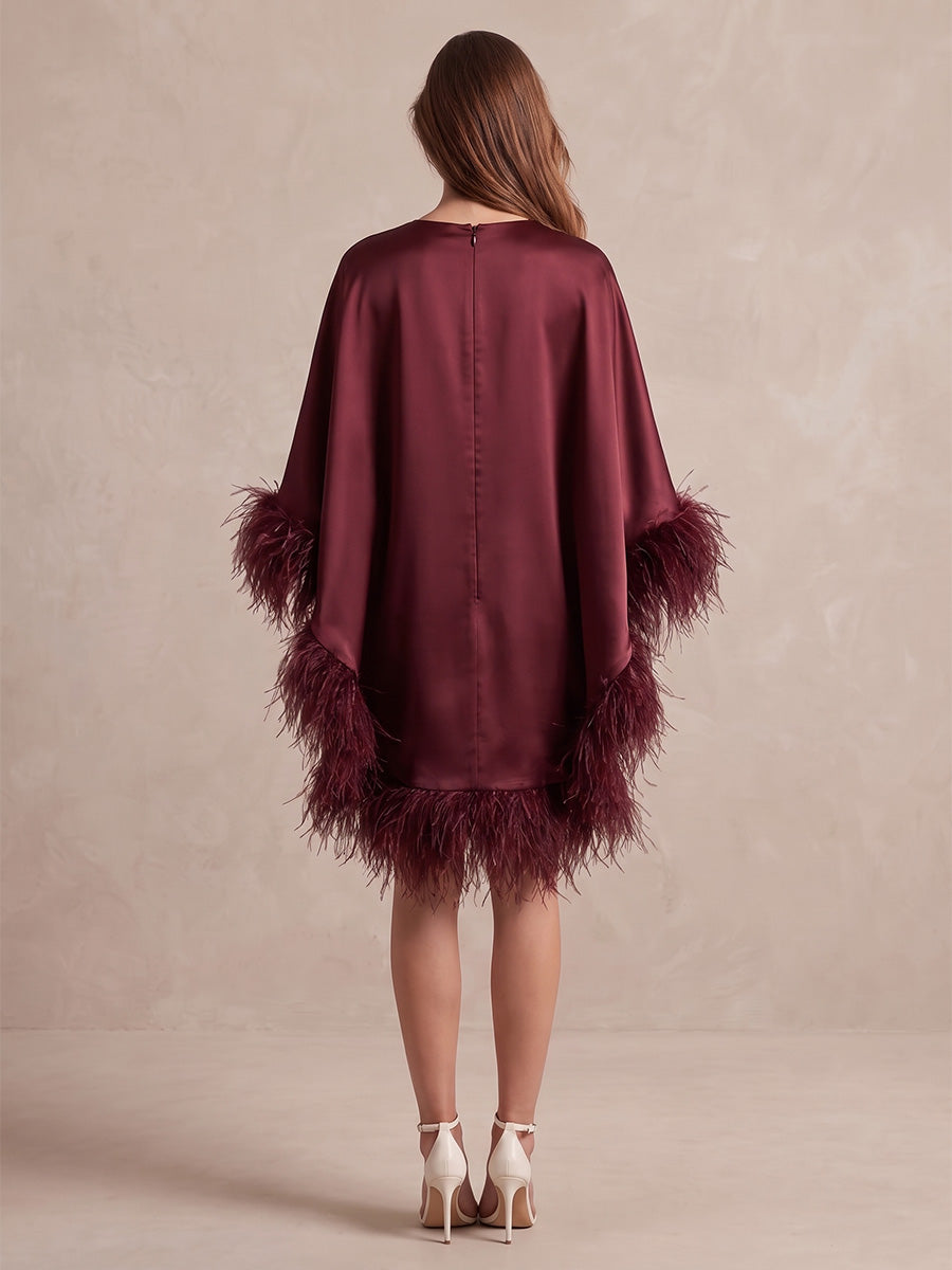 Burgundy Cape Sheath Mini Satin Wedding Guest Dresses Round Neck Formal Evening Dresses