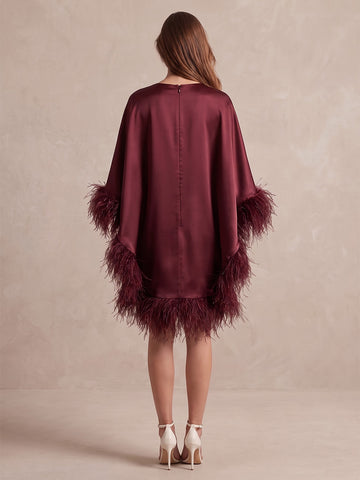 Burgundy Cape Sheath Mini Satin Wedding Guest Dresses Round Neck Formal Evening Dresses