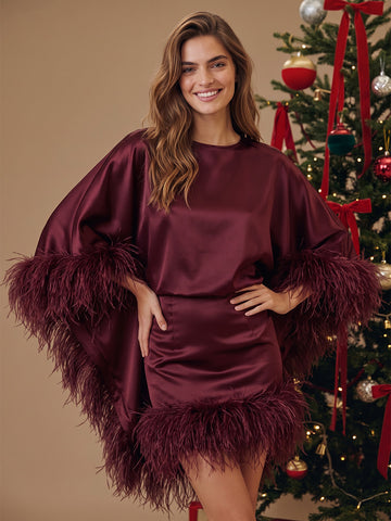 Burgundy Cape Sheath Mini Satin Wedding Guest Dresses Round Neck Formal Evening Dresses