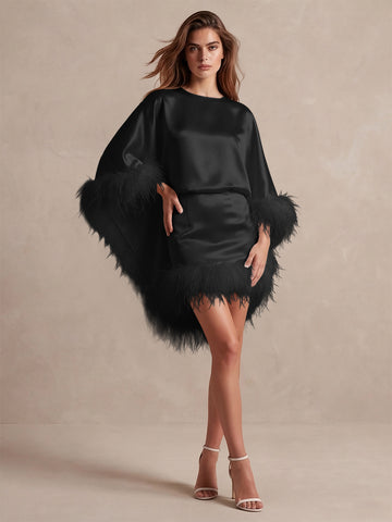 Burgundy Cape Sheath Mini Satin Wedding Guest Dresses Round Neck Formal Evening Dresses