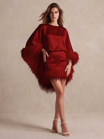 Burgundy Cape Sheath Mini Satin Wedding Guest Dresses Round Neck Formal Evening Dresses
