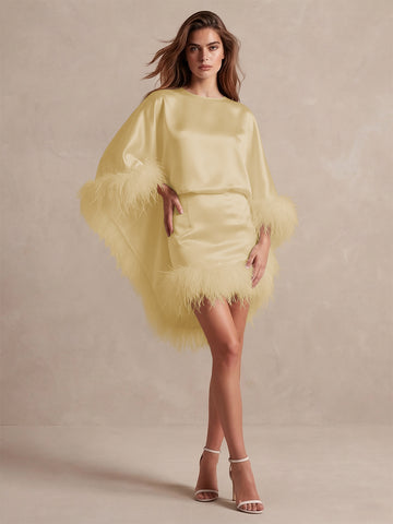 Burgundy Cape Sheath Mini Satin Wedding Guest Dresses Round Neck Formal Evening Dresses
