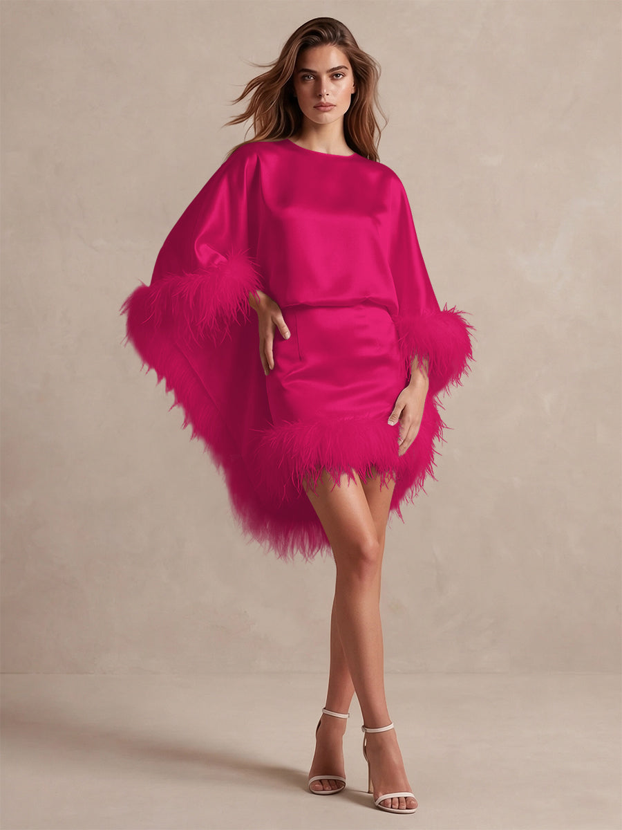 Burgundy Cape Sheath Mini Satin Wedding Guest Dresses Round Neck Formal Evening Dresses