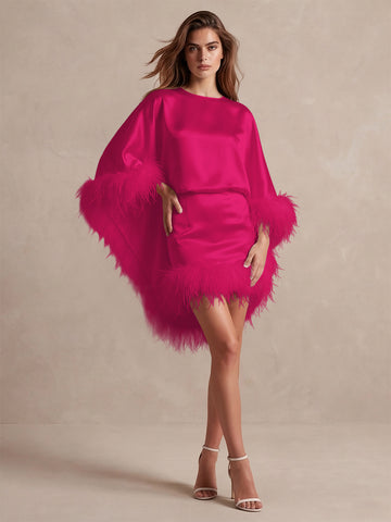 Burgundy Cape Sheath Mini Satin Wedding Guest Dresses Round Neck Formal Evening Dresses