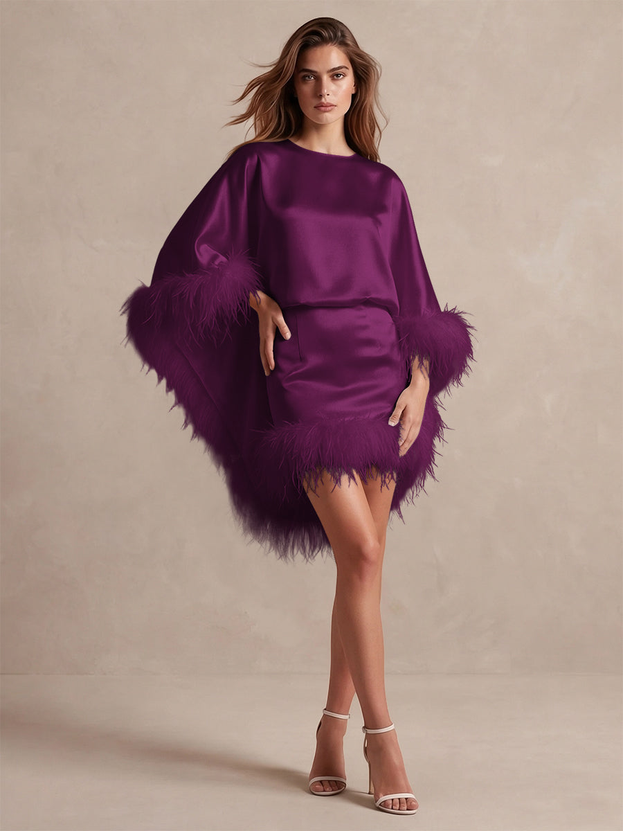 Burgundy Cape Sheath Mini Satin Wedding Guest Dresses Round Neck Formal Evening Dresses