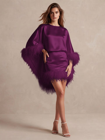 Burgundy Cape Sheath Mini Satin Wedding Guest Dresses Round Neck Formal Evening Dresses