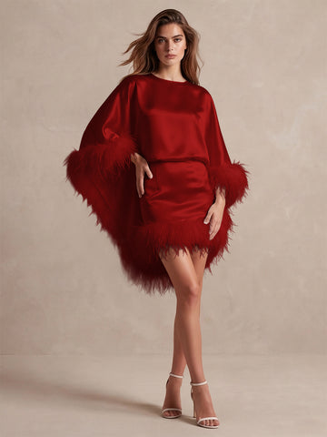 Burgundy Cape Sheath Mini Satin Wedding Guest Dresses Round Neck Formal Evening Dresses