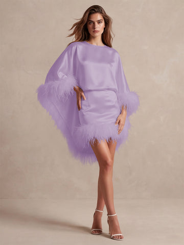Burgundy Cape Sheath Mini Satin Wedding Guest Dresses Round Neck Formal Evening Dresses