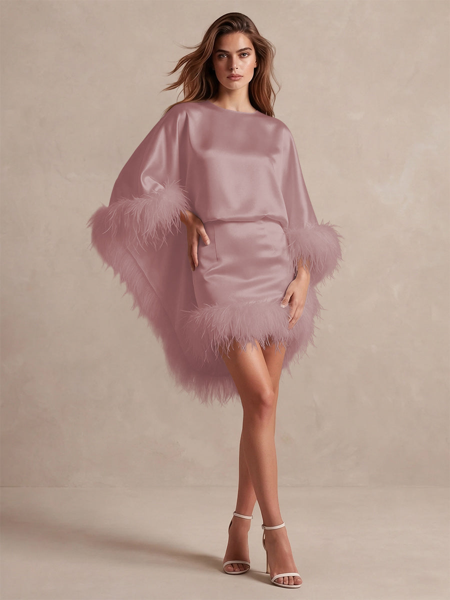 Burgundy Cape Sheath Mini Satin Wedding Guest Dresses Round Neck Formal Evening Dresses