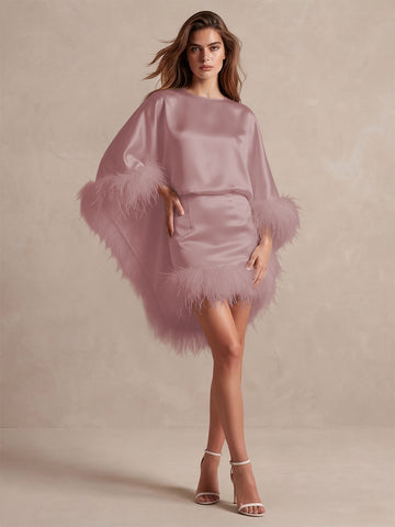 Burgundy Cape Sheath Mini Satin Wedding Guest Dresses Round Neck Formal Evening Dresses