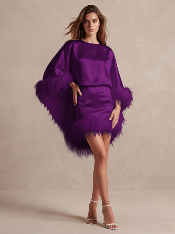 Burgundy Cape Sheath Mini Satin Wedding Guest Dresses Round Neck Formal Evening Dresses
