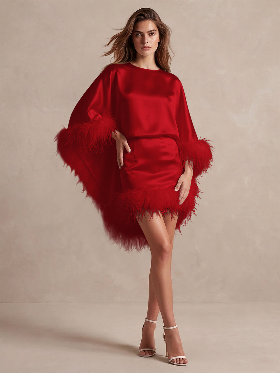 Burgundy Cape Sheath Mini Satin Wedding Guest Dresses Round Neck Formal Evening Dresses