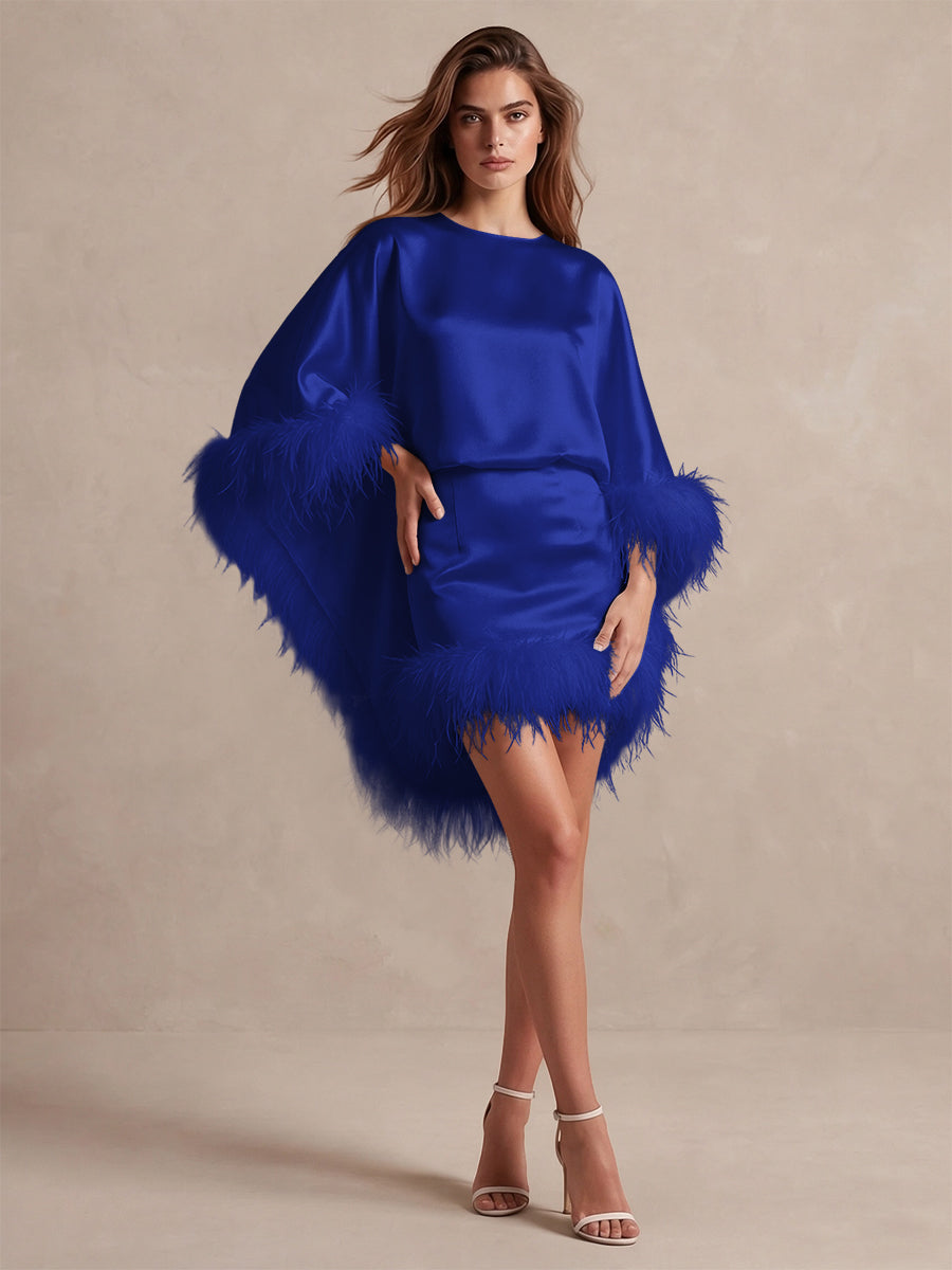 Burgundy Cape Sheath Mini Satin Wedding Guest Dresses Round Neck Formal Evening Dresses