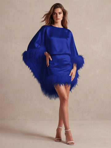 Burgundy Cape Sheath Mini Satin Wedding Guest Dresses Round Neck Formal Evening Dresses