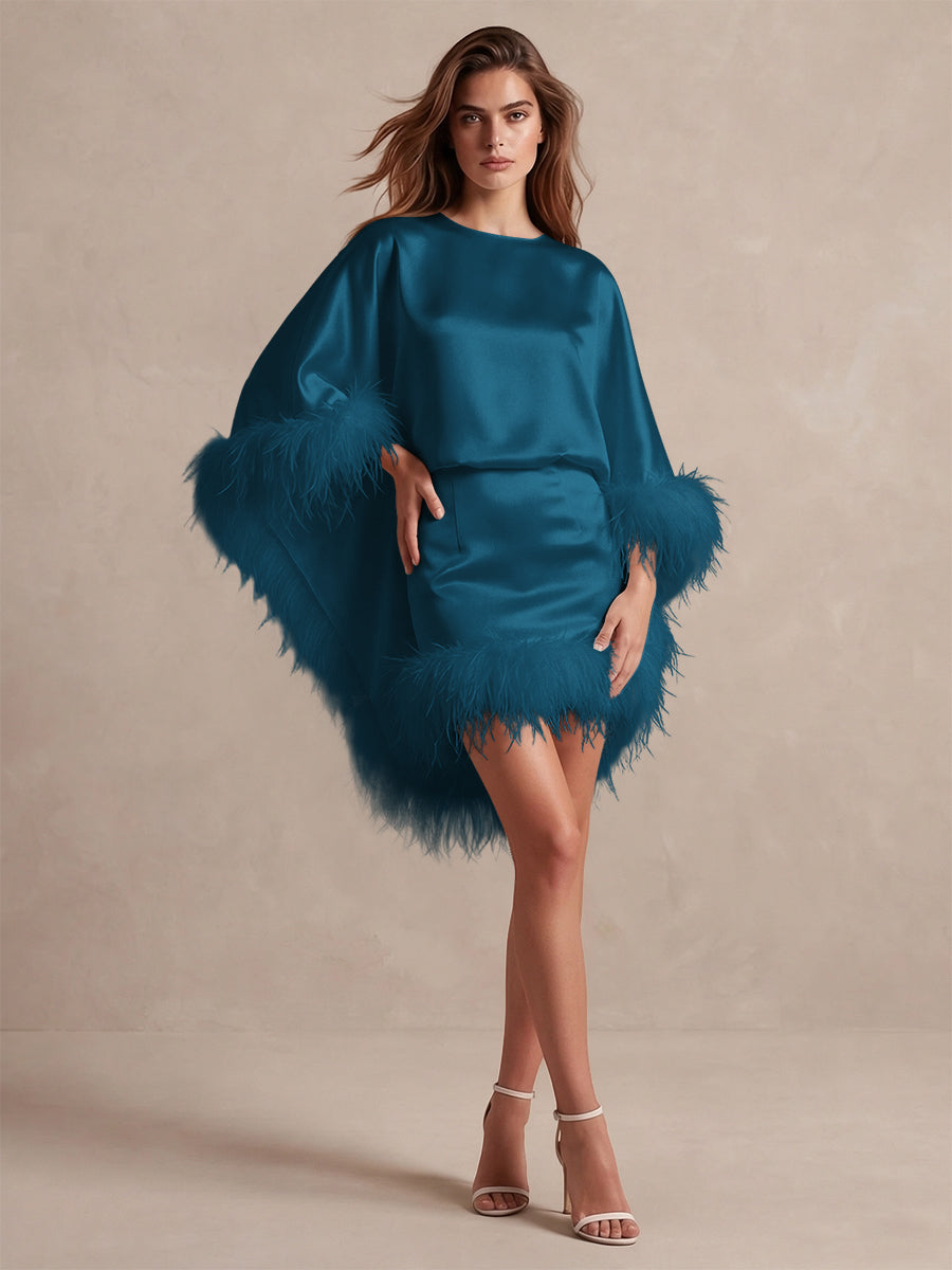 Burgundy Cape Sheath Mini Satin Wedding Guest Dresses Round Neck Formal Evening Dresses