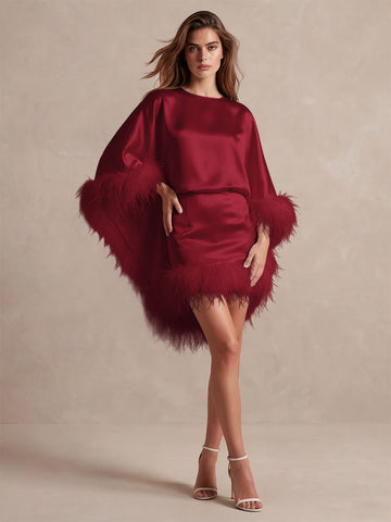Burgundy Cape Sheath Mini Satin Wedding Guest Dresses Round Neck Formal Evening Dresses