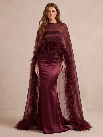 Burgundy Feather Mermaid Maxi Satin Tulle Wedding Guest Dresses High Neck Sheer Formal Dresses