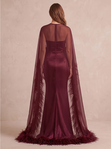 Burgundy Feather Mermaid Maxi Satin Tulle Wedding Guest Dresses High Neck Sheer Formal Dresses