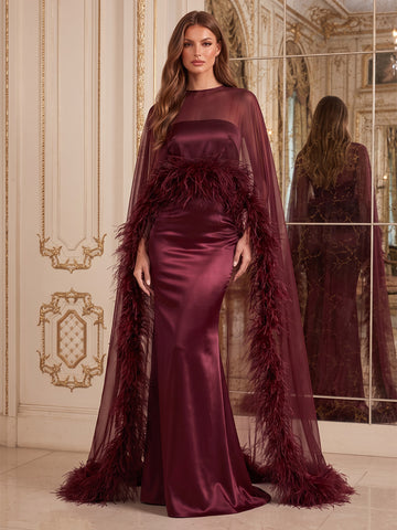Burgundy Feather Mermaid Maxi Satin Tulle Wedding Guest Dresses High Neck Sheer Formal Dresses