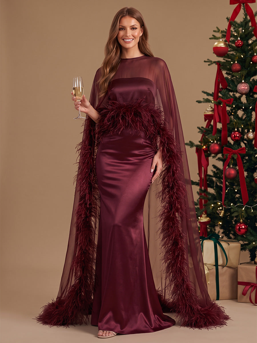 Burgundy Feather Mermaid Maxi Satin Tulle Wedding Guest Dresses High Neck Sheer Formal Dresses
