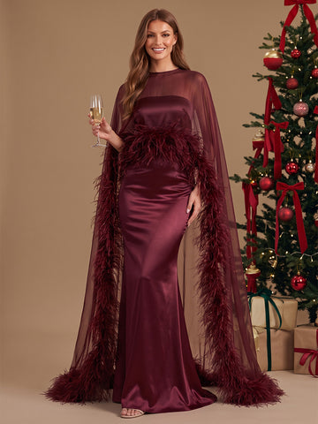 Burgundy Feather Mermaid Maxi Satin Tulle Wedding Guest Dresses High Neck Sheer Formal Dresses