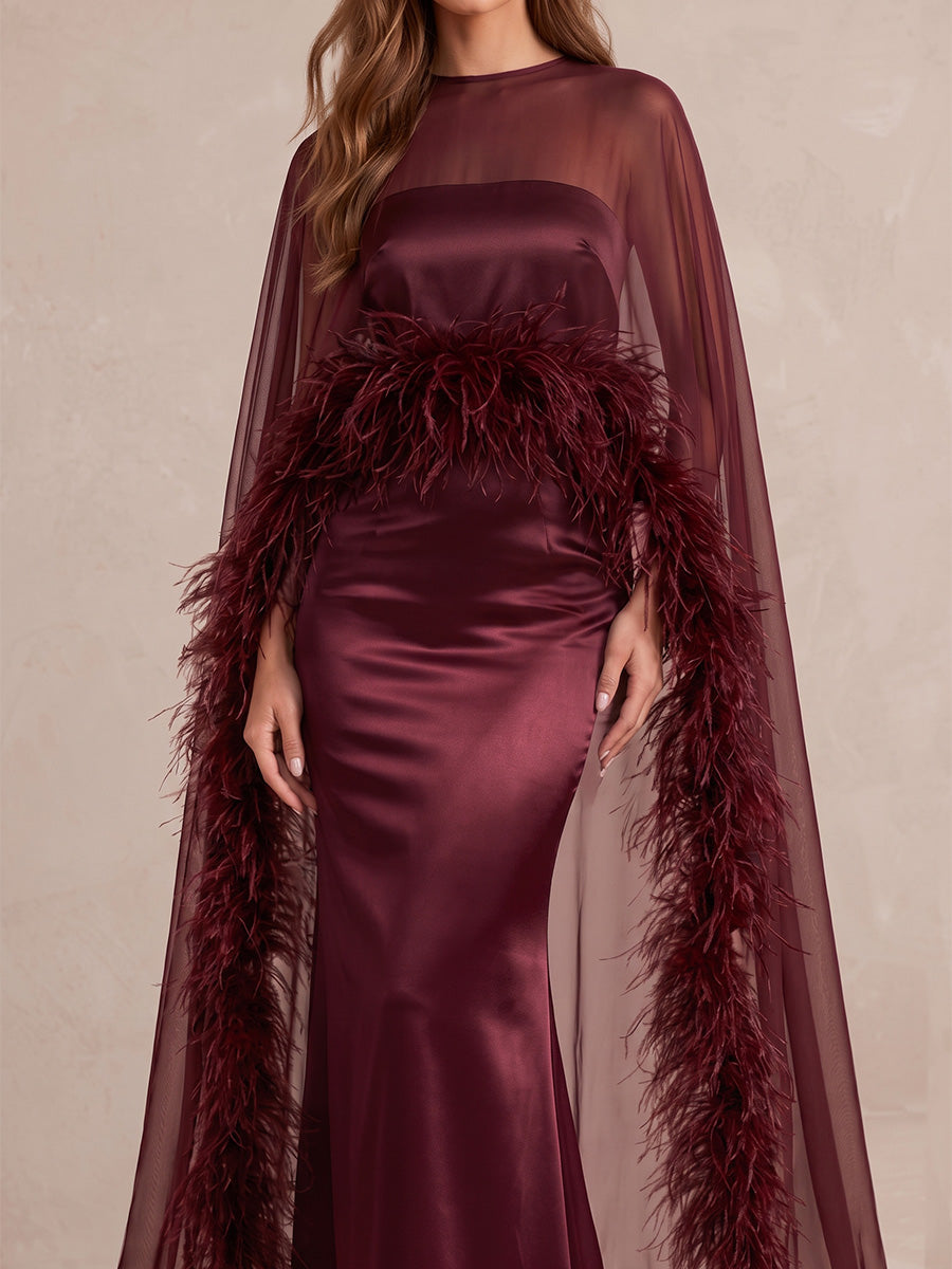 Burgundy Feather Mermaid Maxi Satin Tulle Wedding Guest Dresses High Neck Sheer Formal Dresses