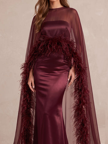 Burgundy Feather Mermaid Maxi Satin Tulle Wedding Guest Dresses High Neck Sheer Formal Dresses