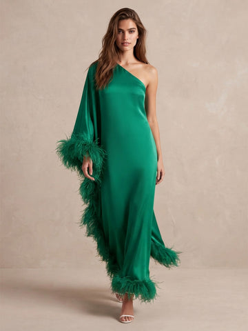 Emerald Sheath Ankle Length Satin Wedding Guest Dresses One Shoulder Eveninng Dresses