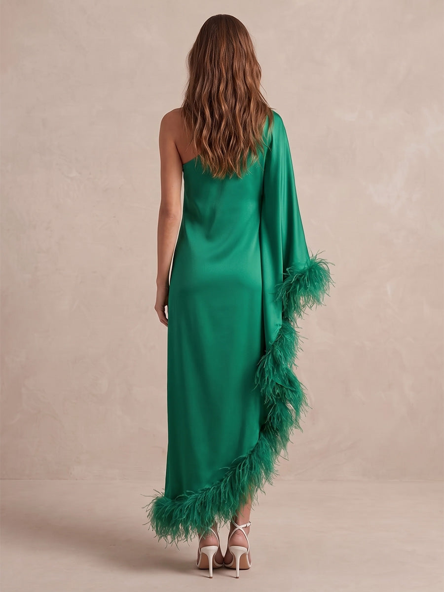 Emerald Sheath Ankle Length Satin Wedding Guest Dresses One Shoulder Eveninng Dresses