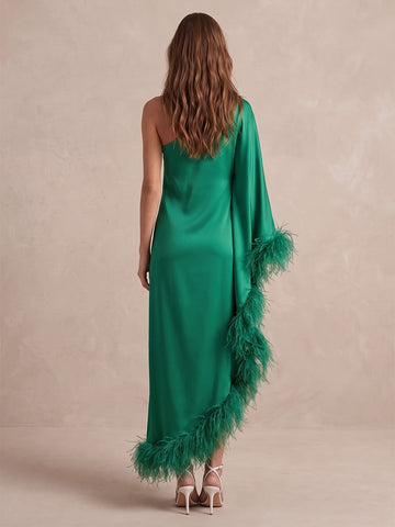 Emerald Sheath Ankle Length Satin Wedding Guest Dresses One Shoulder Eveninng Dresses
