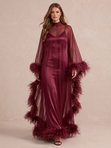 Burgundy Sheath Maxi Satin Tulle Wedding Guest Dresses High Neck Sheer Formal Dresses