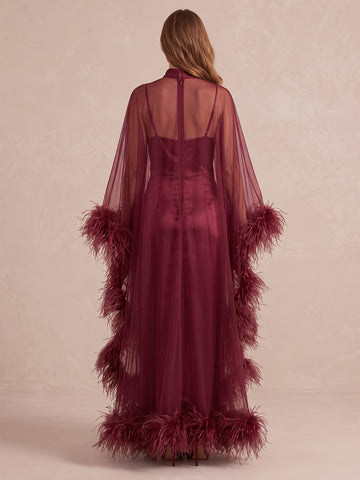 Burgundy Sheath Maxi Satin Tulle Wedding Guest Dresses High Neck Sheer Formal Dresses