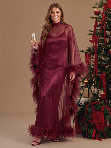 Burgundy Sheath Maxi Satin Tulle Wedding Guest Dresses High Neck Sheer Formal Dresses