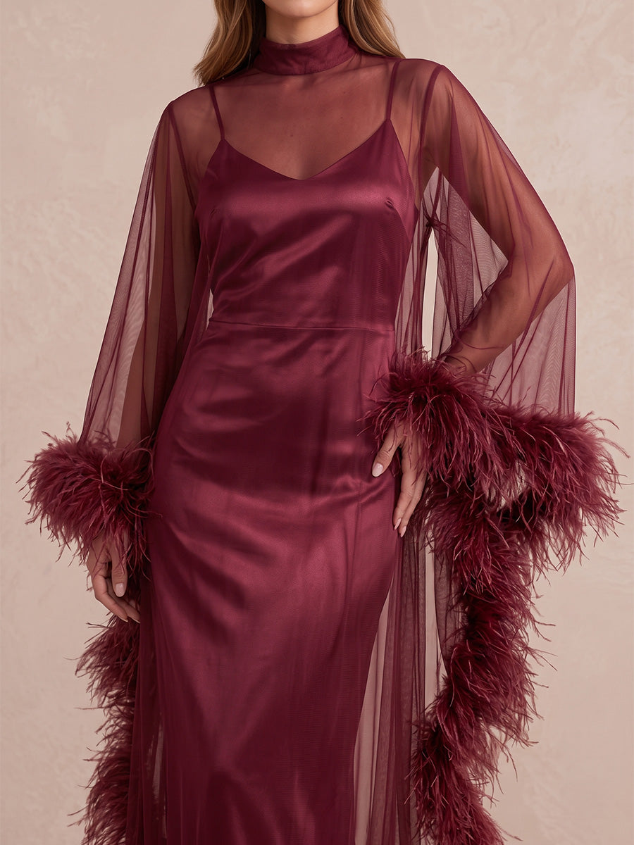 Burgundy Sheath Maxi Satin Tulle Wedding Guest Dresses High Neck Sheer Formal Dresses