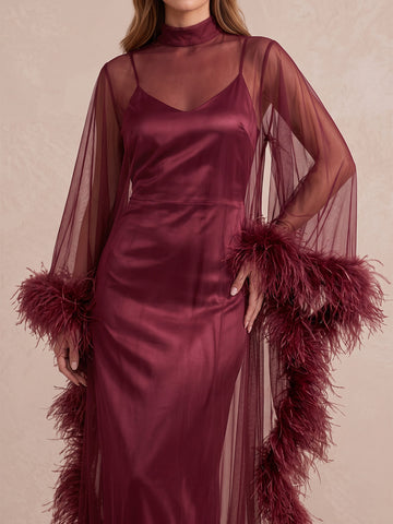 Burgundy Sheath Maxi Satin Tulle Wedding Guest Dresses High Neck Sheer Formal Dresses