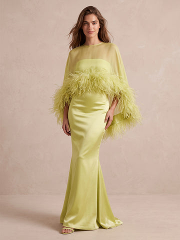 Lime Green Mermaid Maxi Satin Tulle Wedding Guest Dresses Round Neck Formal Dresses