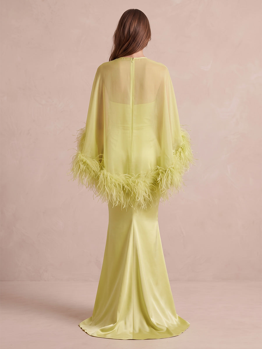 Lime Green Mermaid Maxi Satin Tulle Wedding Guest Dresses Round Neck Formal Dresses