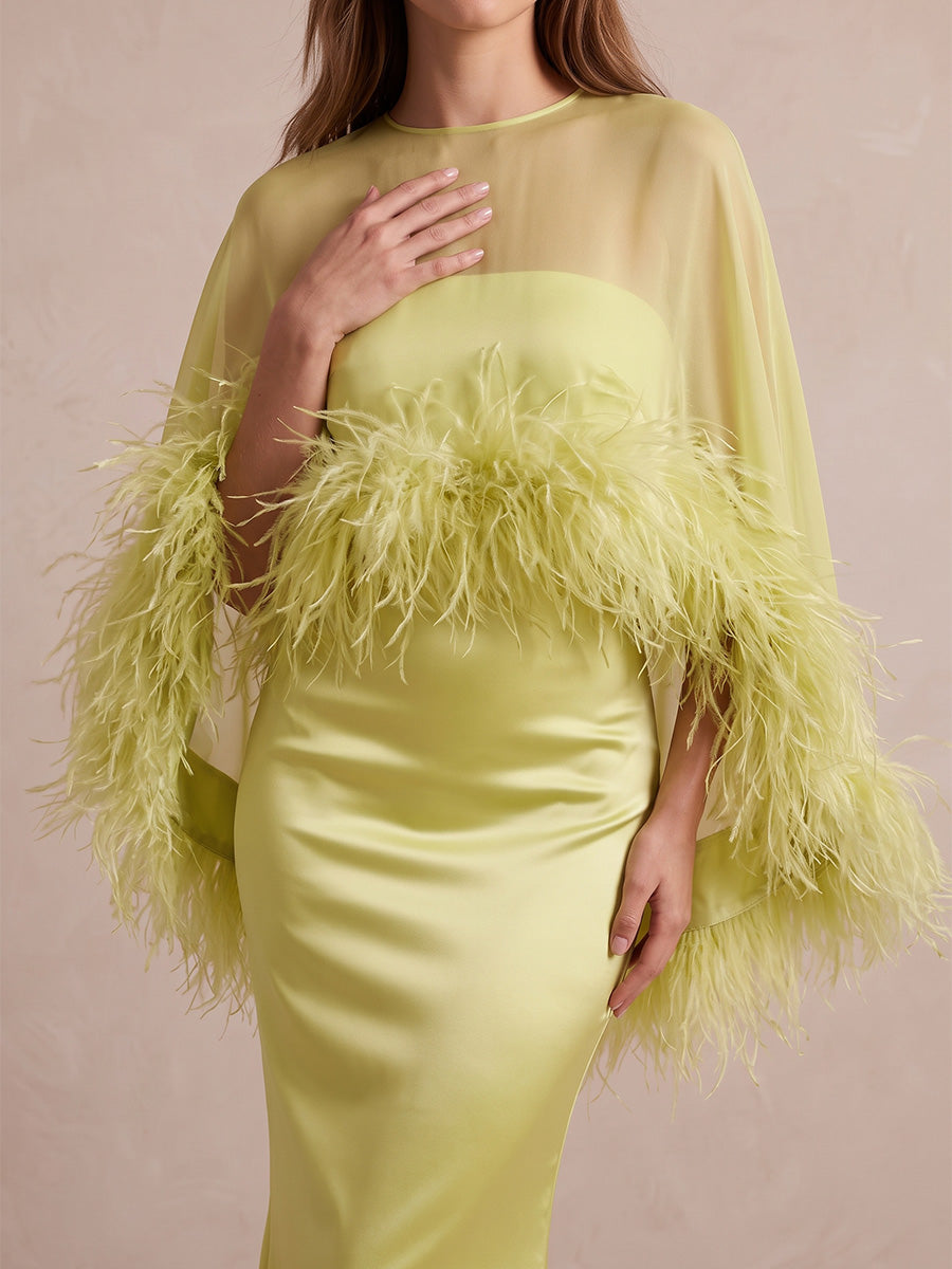Lime Green Mermaid Maxi Satin Tulle Wedding Guest Dresses Round Neck Formal Dresses