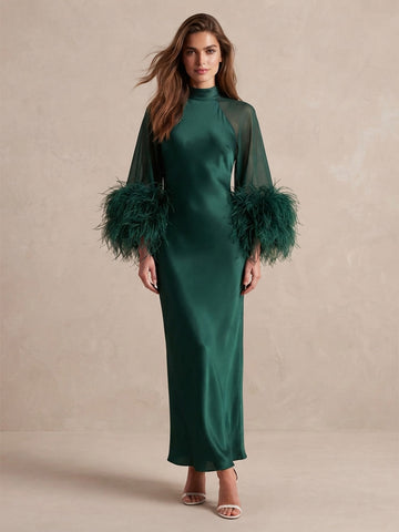 Emerald Green Feather Sheath Midi Satin Tulle Wedding Guest Dresses High Neck Formal Dresses