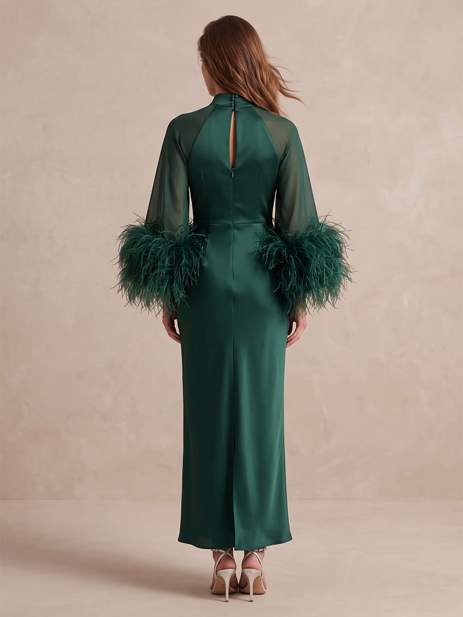 Emerald Green Feather Sheath Midi Satin Tulle Wedding Guest Dresses High Neck Formal Dresses