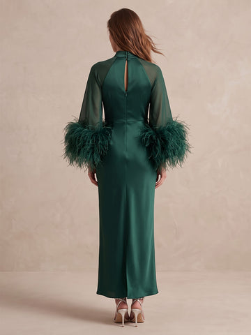 Emerald Green Feather Sheath Midi Satin Tulle Wedding Guest Dresses High Neck Formal Dresses